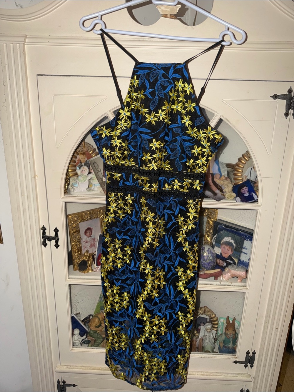 Sam Edelman Black Halter Midi Dress with Blue & Yellow Floral Embroidery